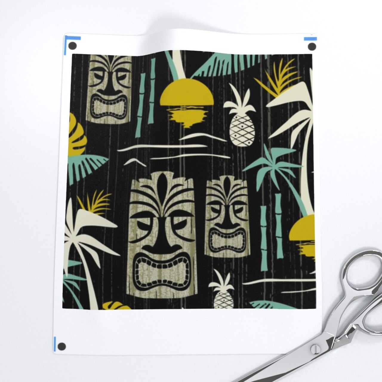 Island Tiki Black Tropical Midcentury Modern Vintage Retro Palm Tree Hawaiian Mid Century Summer Beach Aqua Trees Pineapple Custom Printed Fabric by Spoonflower Various Fabrics by the Yard or Fat Quarter
